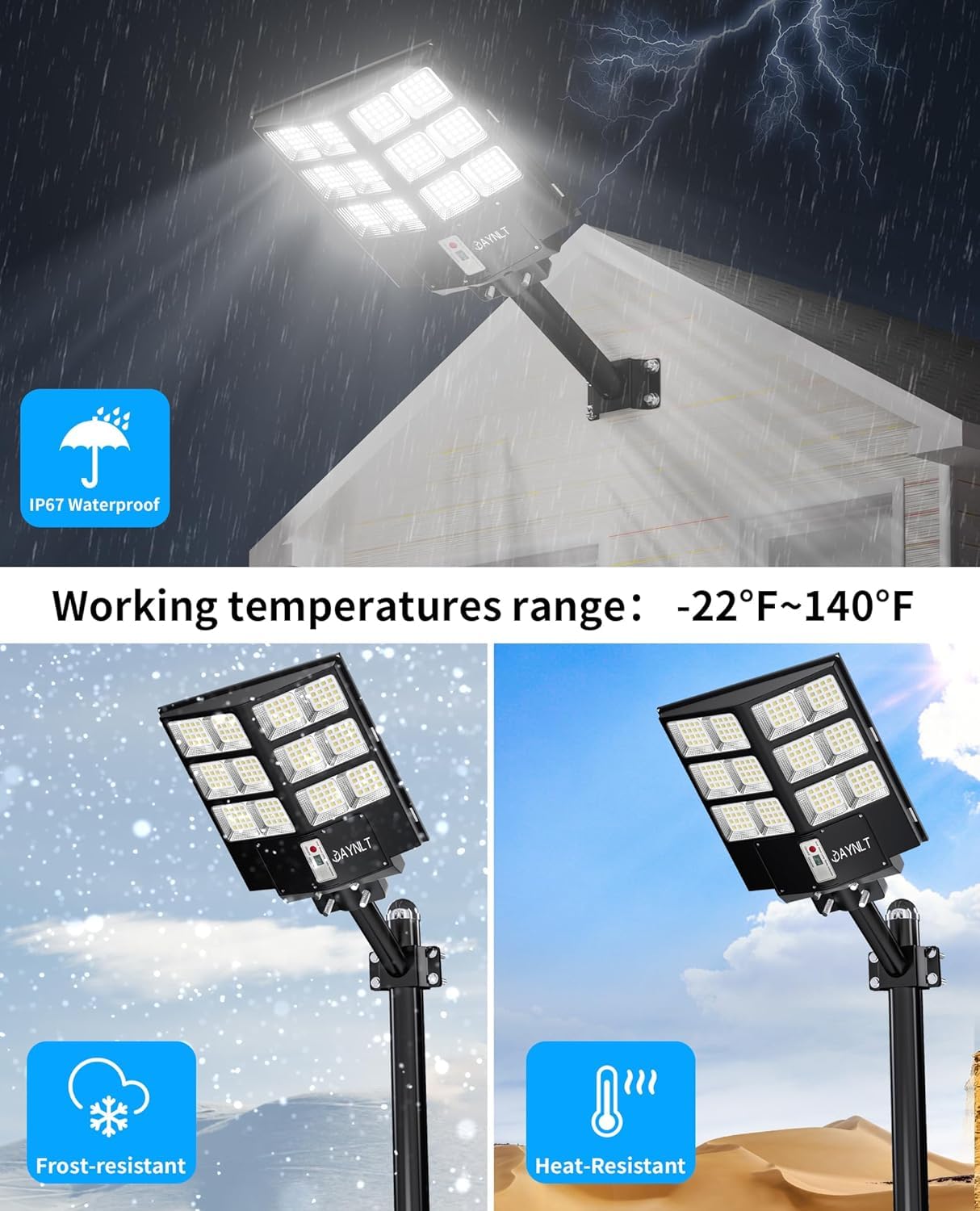 JAYNLT 1000W Lampione Solare Led Esterno, 6500K Faro Stradale con Pannello Solari, IP67 Impermeabile Luci Solari di Sicurezza, Lampioni Stradale con Sensore Movimento per Sentieri, Vialetti, Giardino