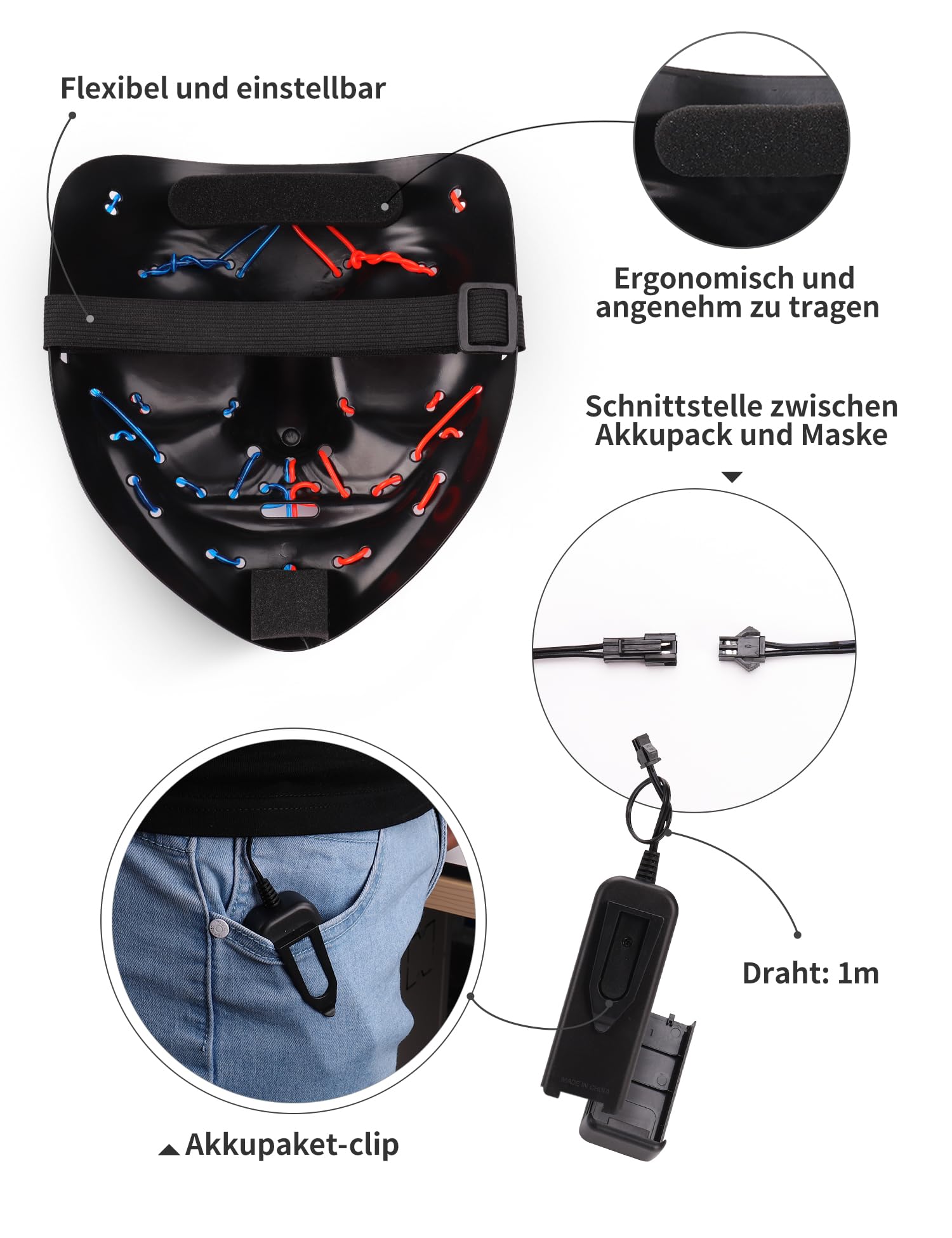 AnanBros - Maschera per Halloween, con luci a LED, maschera, per Halloween, 3 modalità di illuminazione, per cosplay e feste