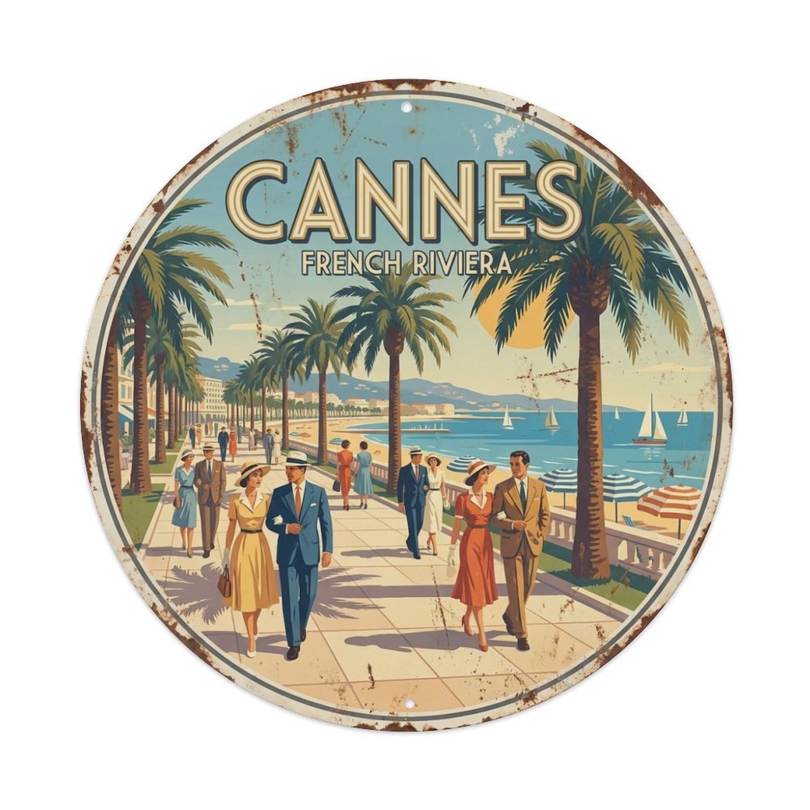Retro Cannes Seaside Promenade Coastal Travel Metal Tin Sign