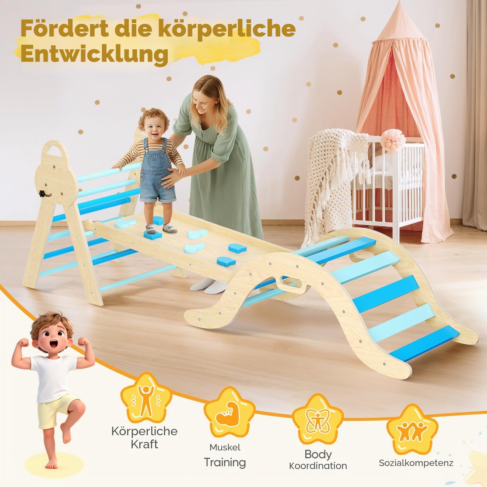 7-in-1 Montessori Klettergerüst Indoor, Kletterdreieck mit Rutsche & Kletterbogen, stabiles Holzkletterspielzeug mit Sicherheitsmatte, Indoor Spielplatz für Kinder ab 1 Jahr(Blau)