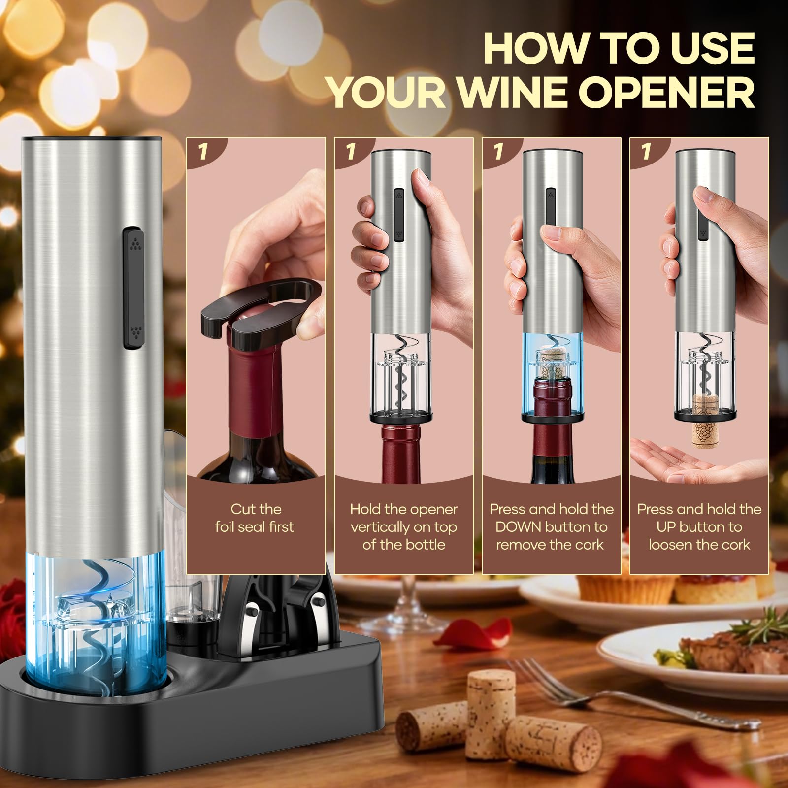 Cavatappi Elettrico Automatico 6-in-1, Apribottiglie per Vino con Tagliacapsule, Pompa a Vuoto e Versatoio, Ricaricabile USB