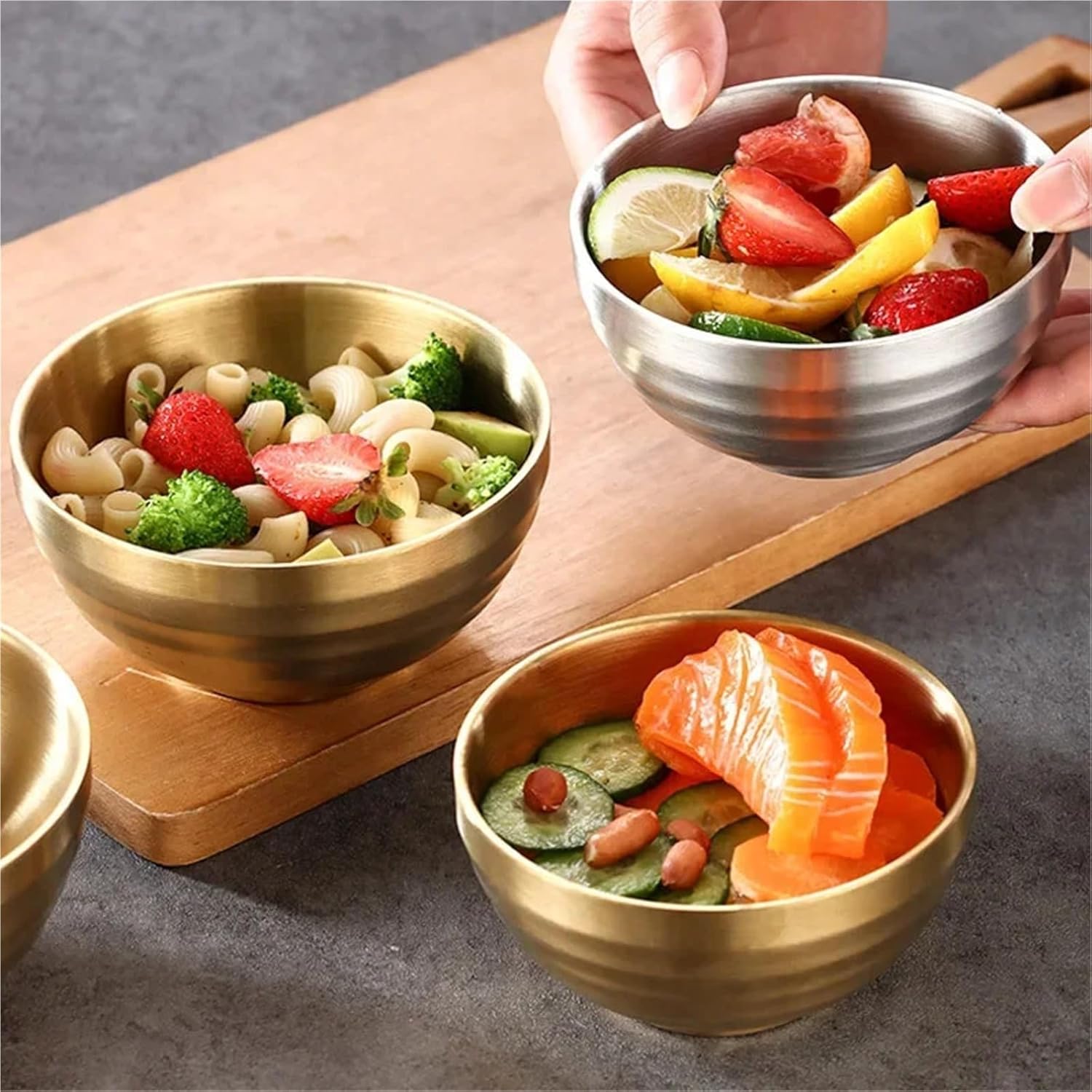 Stainless Steel Mixing Bowl 4 Pcs 304 Stainless Steel Threaded Rice Bowl Dough Round Soup Double Layer Insulated Ramen Bowls Home Tableware(11cm Gold)