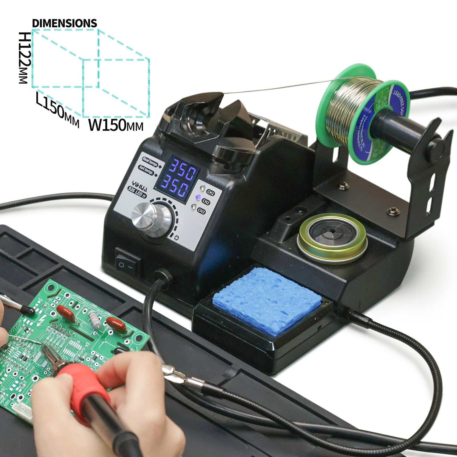 YIHUA 926LED-IV Station de soudure 110W EVO 90~480°C Kit de soudure avec 4 mains secourables, 1 loupe avec éclairage LED, 5 pannes à souder supplémentaires, 50g de fil à souder sans plomb
