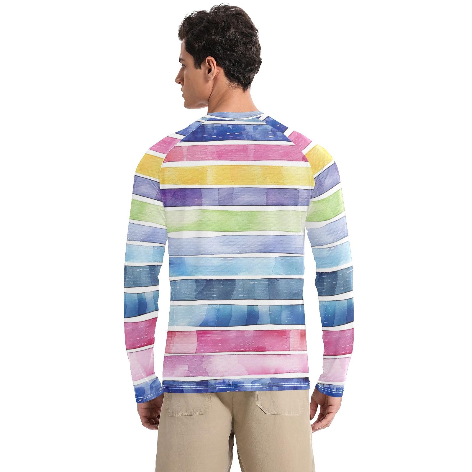 Multicolored Watercolor Stripes Men's Rash Guard Quick Dry UPF 50+ UV Protection Long Sleeve Fishing Hiking T-Shirts Sun Shirts for Outdoor, Large