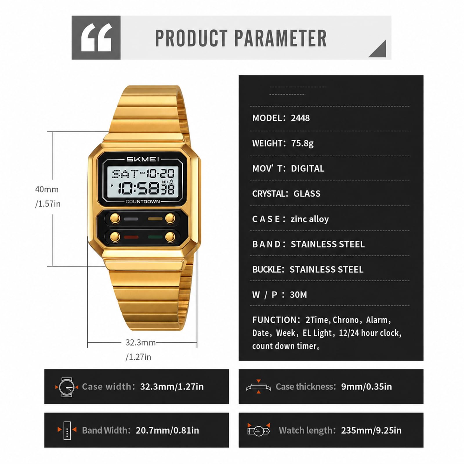 Gosasa Reloj digital retro cuadrado de acero inoxidable para hombre