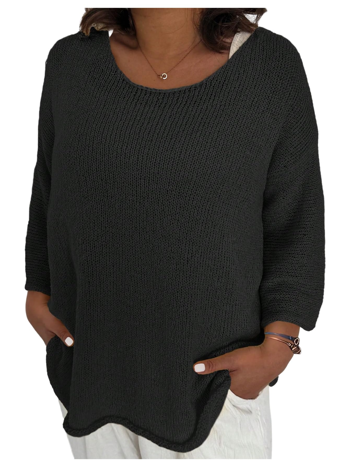 Verdusa Womens Plus Size Boat Neck 3 4 Sleeve Sweater Drop Shoulder Loose Knitted Pullovers