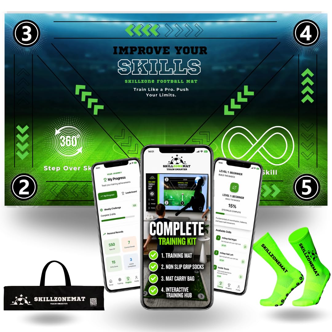 SkillZone Soccer Training Mat - Set with Video Hub | Includes Grip Socks & Carry Bag | Non-Slip, Ultra-Thick & Wide for Agility, Ball Control & Mastery | Indoor & Outdoor Soccer (Sky Speed) โ image 1