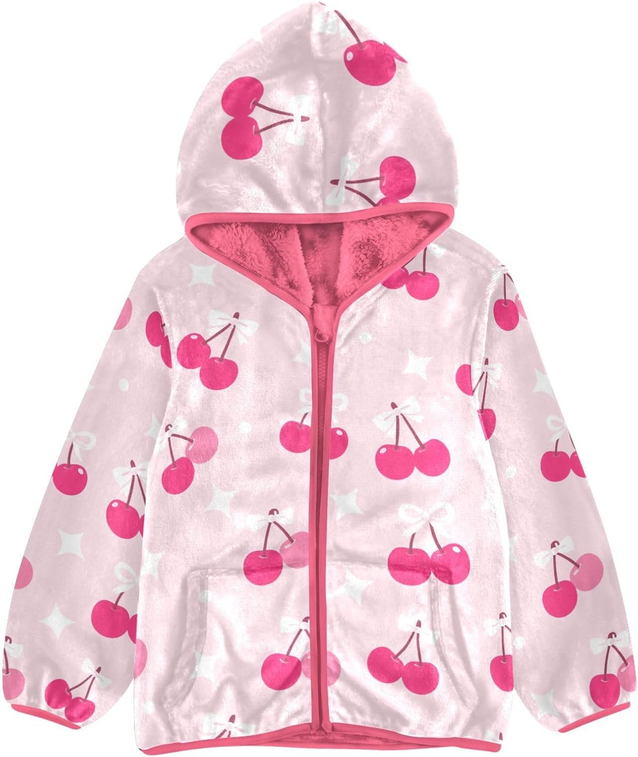 Girls Hoodie Outfit Pink Cherry White Bow Pink Pattern Zipper Sweatshirt Coat Fleece Jacket for Kids 3-10T
