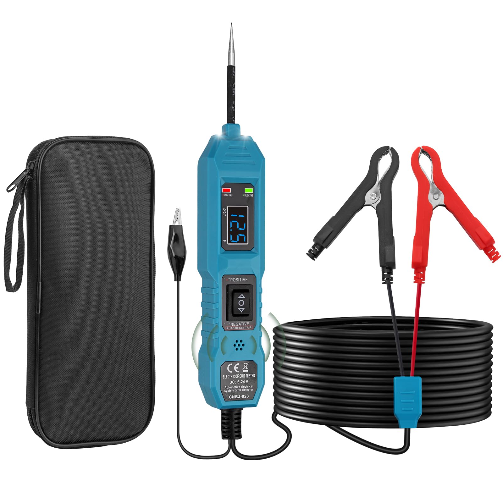 EYPINS 6-36V Probador de Circuitos Automotriz, Comprobador de Corriente y Fusibles Coche con Pinzas de Cocodrilo,2 LED y Bolsa de Transporte, Pantalla LCD, Cable 4.5m para Taller y Mecánicos