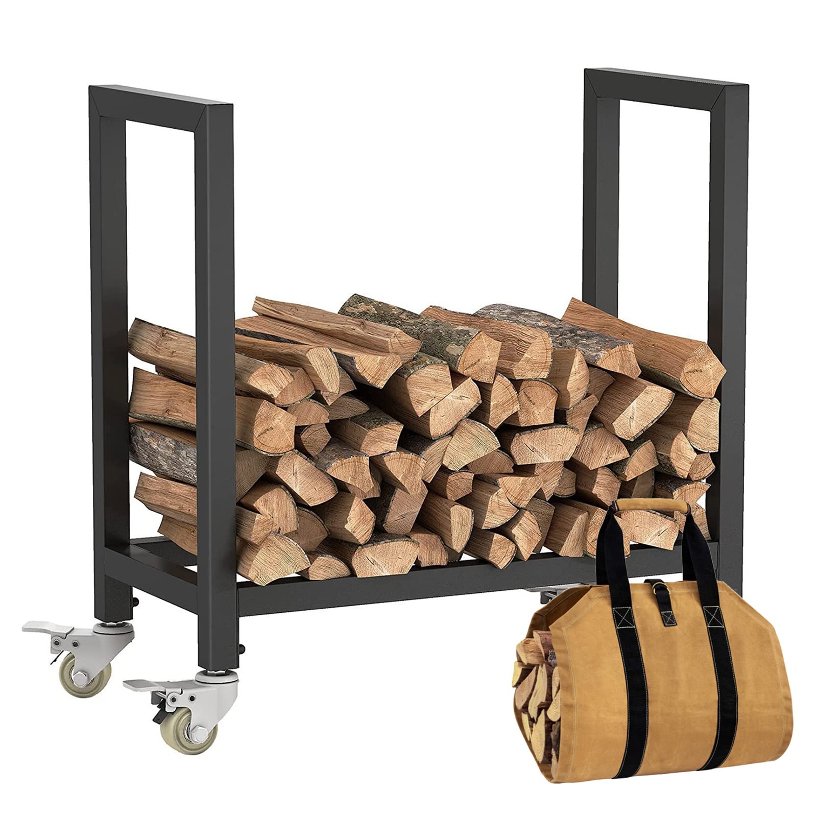 Rack di Legna da Ardere Esterni, nero Portalegna per Interni con ruote e Borsa per Legna da Ardere, Impilatore di Legno Scaffale Uso in Fattoria, Cortile, 65 x 30 x 68 cm