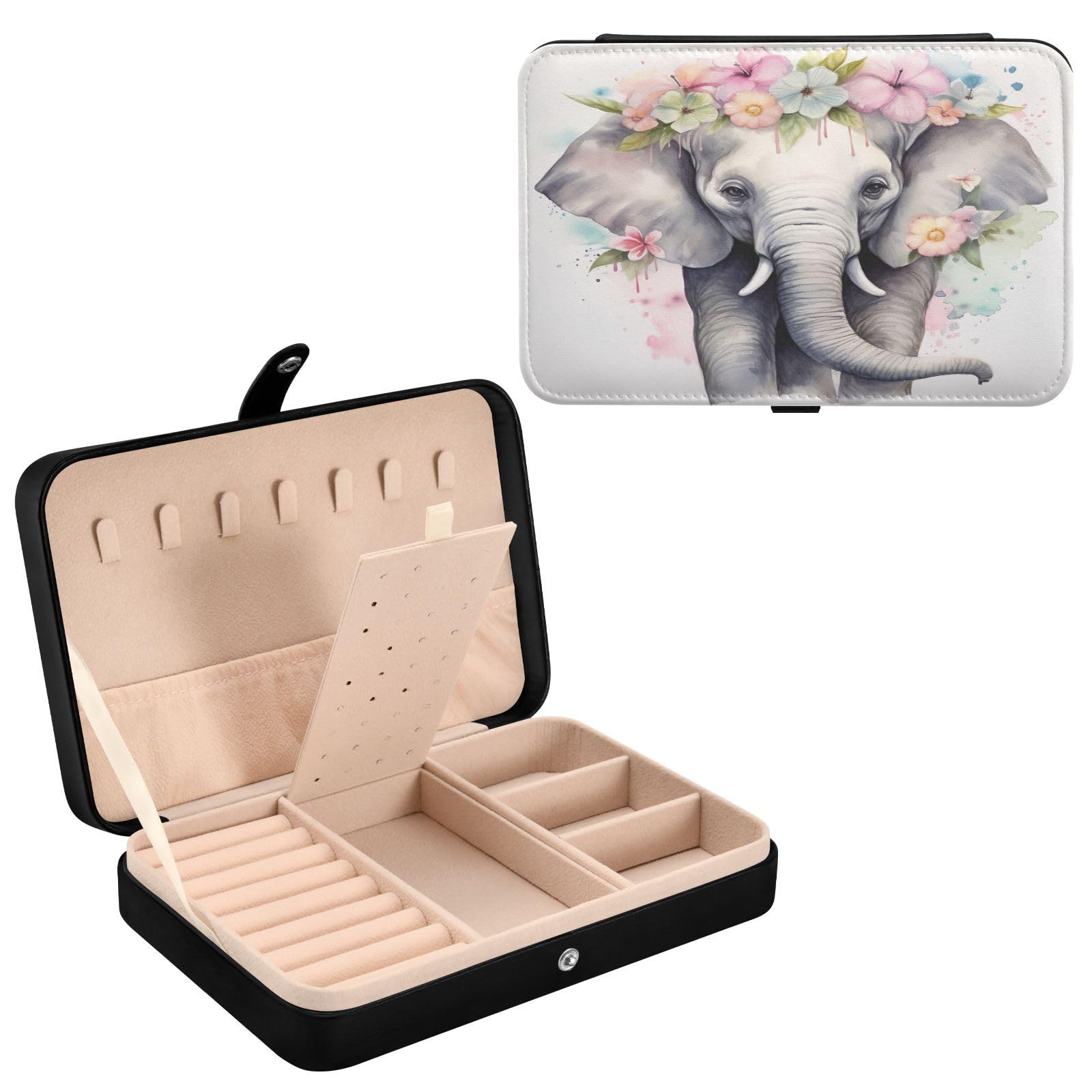 Haskirky Elephant Jewelry Box Portable PU Leather Travel Jewelry Organize for Women Jewelry Storage Display Holder for Ring, Necklace, Earring