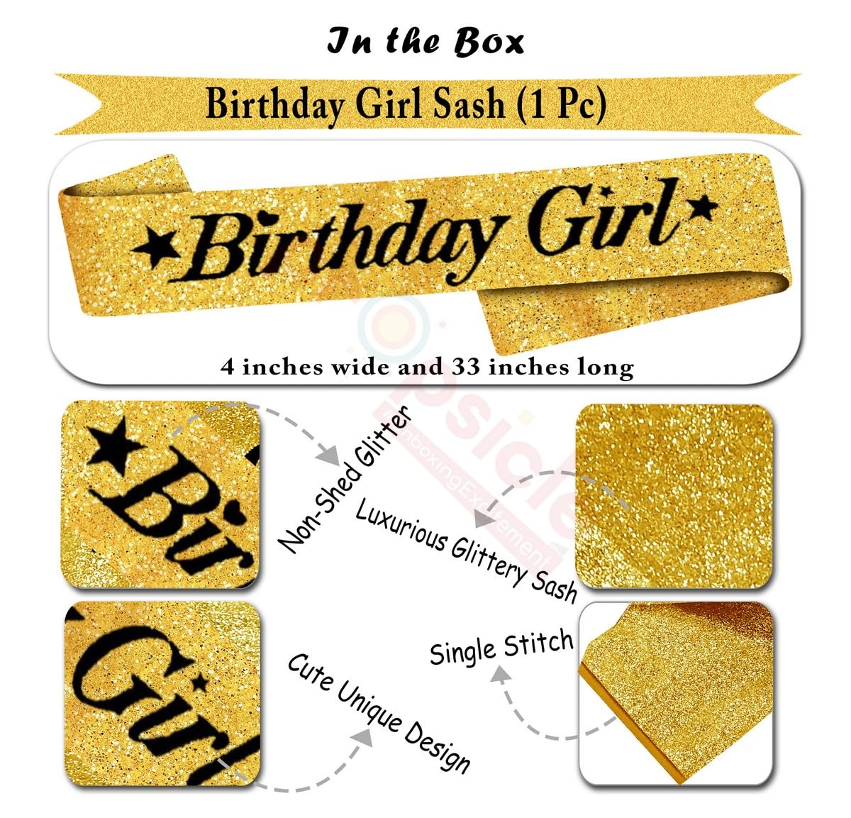 Propsicle Happy Birthday Silk Sash Pack of 1 Golden Glitter Girl Sash Princess Theme Party Decoration Item for Women 16th Year Item - Image 2 thumbnail
