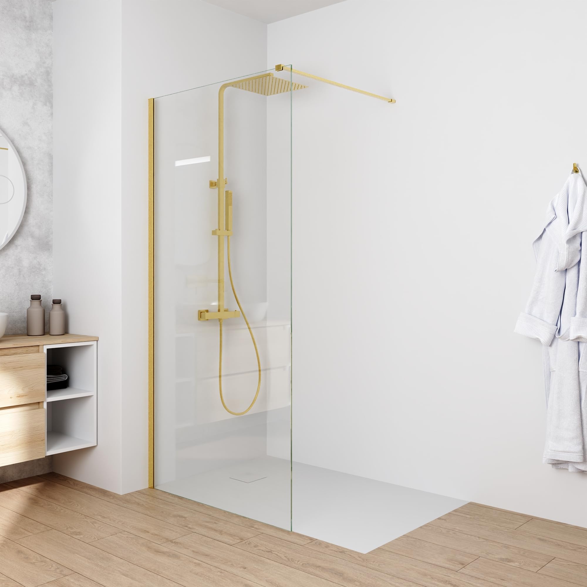 Parete Doccia Walk-In 100 cm Keros, Vetro Temperato 8mm Anticalcare, Profilo Alluminio Oro Spazzolato, Altezza 200 cm, Installazione Reversibile Dx/Sx con Barra Stabilizzatrice