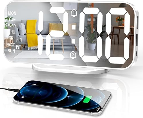 Miniatura 1 de Reloj despertador digital con espejo LED delgado, pantalla grande con modo de atenuación, alarmas dobles y puertos USB, 4 niveles de brillo,