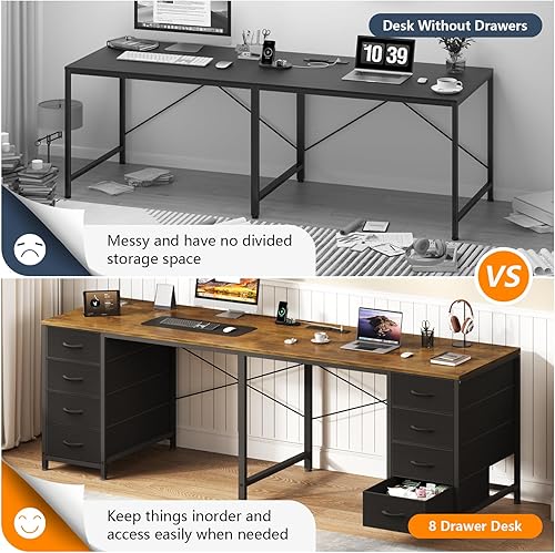 Miniatura 5 de TVU Escritorio para 2 personas con 8 cajones, escritorio grande para computadora de oficina en casa con tomas de corriente, escritorios dobles de 78