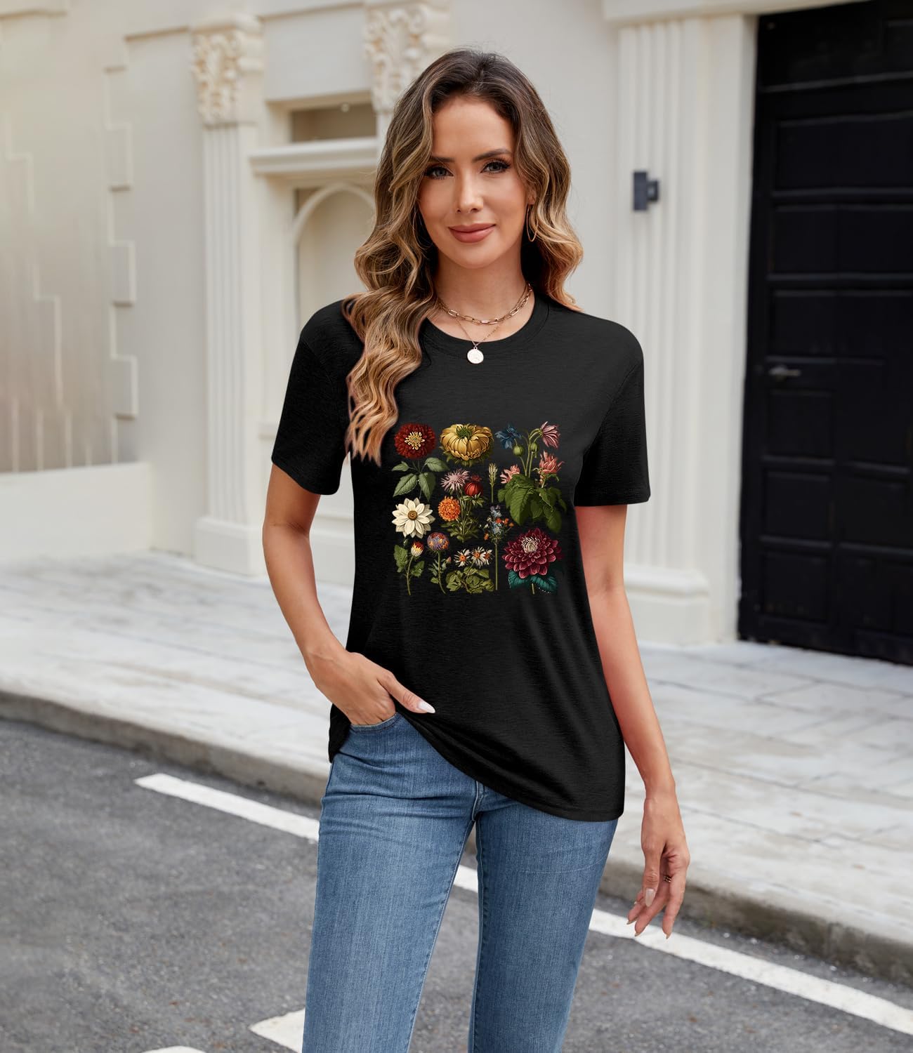 Womens Summer Cute Graphic Short Sleeved Tops Crew Neck Printed Nature Tshirts Tops - Image 3
