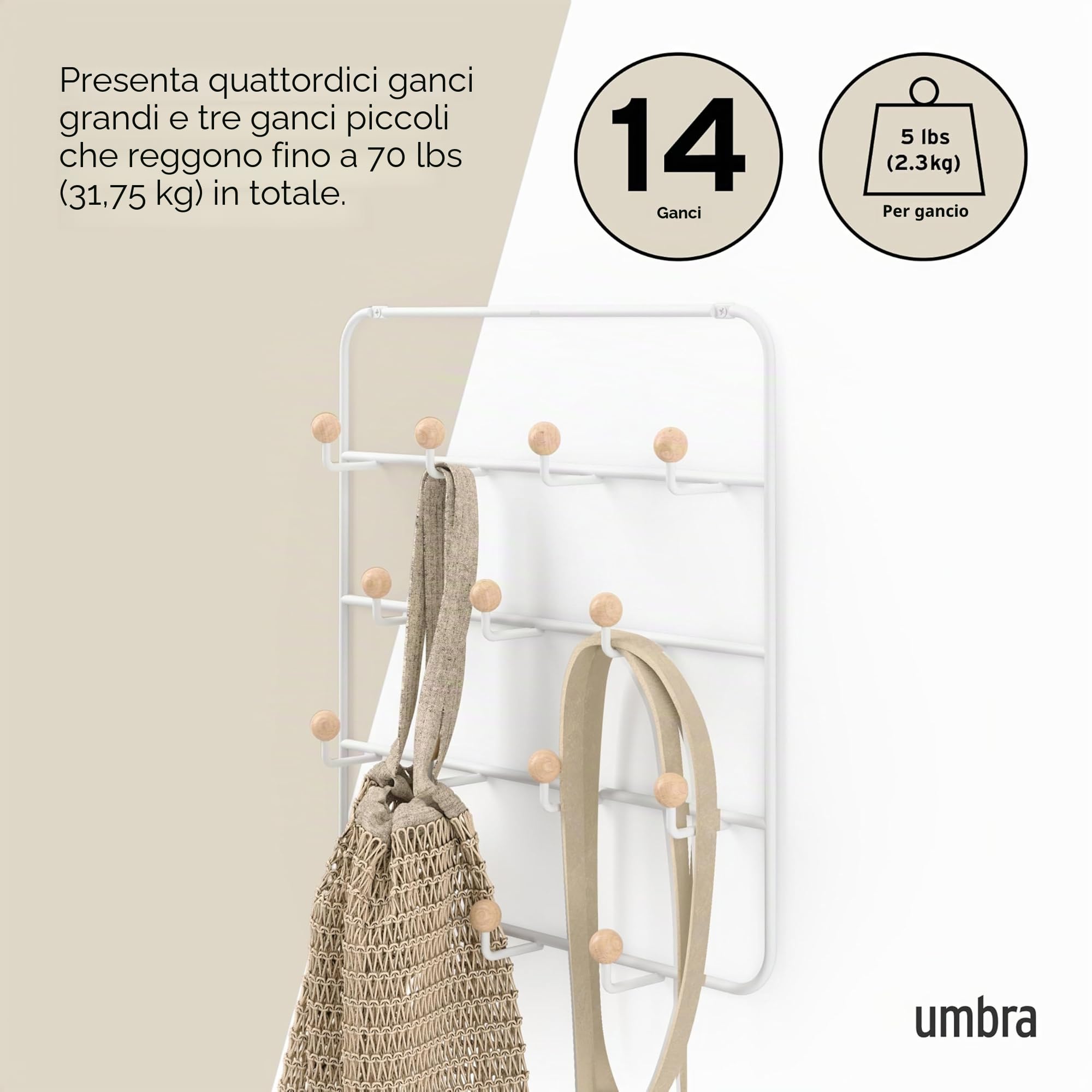 Umbra Estique Appendiabiti da porta multifunzione con 14 ganci, senza forare la porta, multi-organizer, appendiabiti da parete, bianco