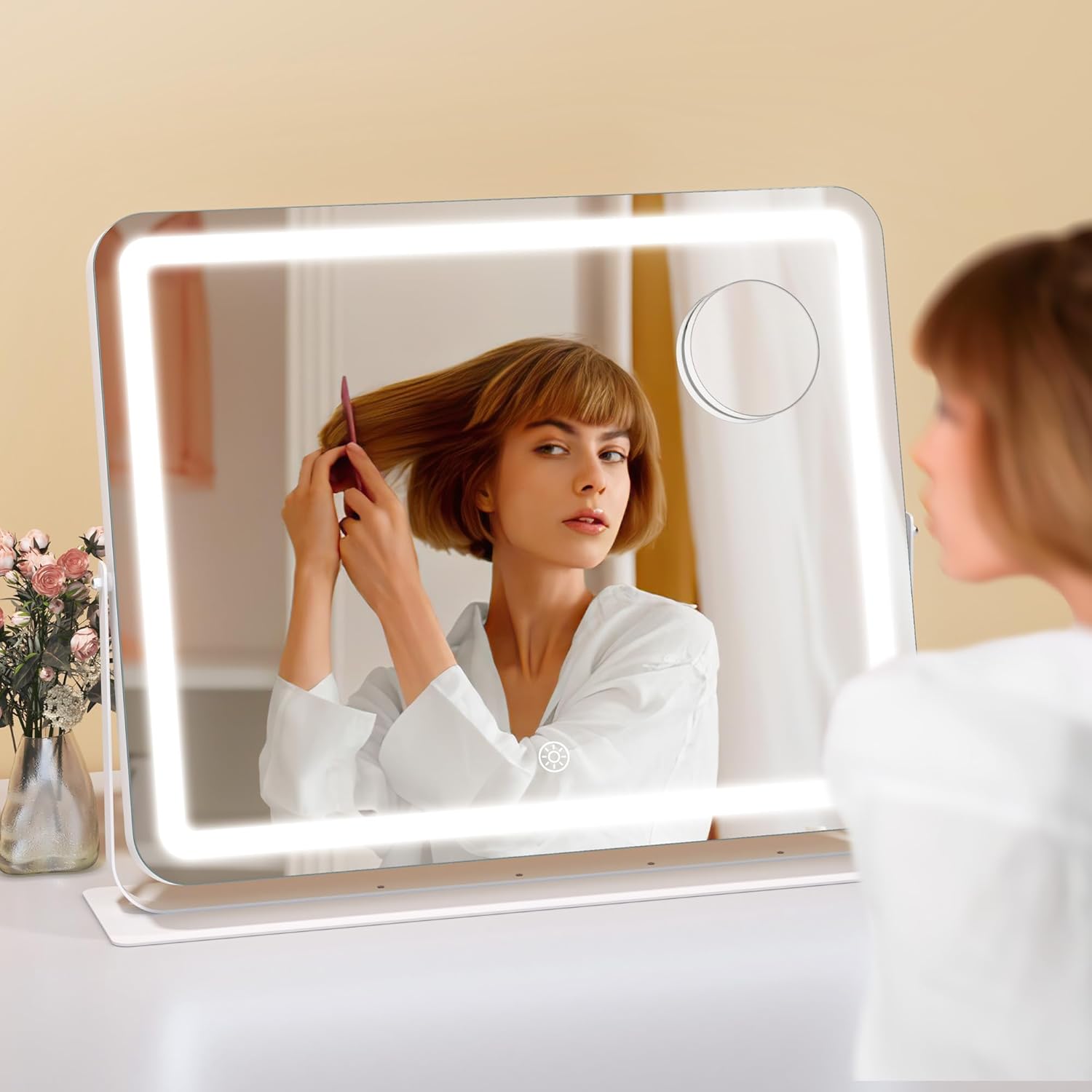 Hasipu Makeup Vanity Mirror with Lights, 20" L x 16" W LED Tabletop Make up Mirror for Desk, Lighting & Brightness Adjustment, 360°Rotation, 10x Magnification