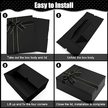 Black Gift Box with Lid 21.5x16x8cm Premium Present Box | High Hardness,Foldable, Includes Bags, Raffia, Cards, For Birthdays, Anniversaries, Christmas