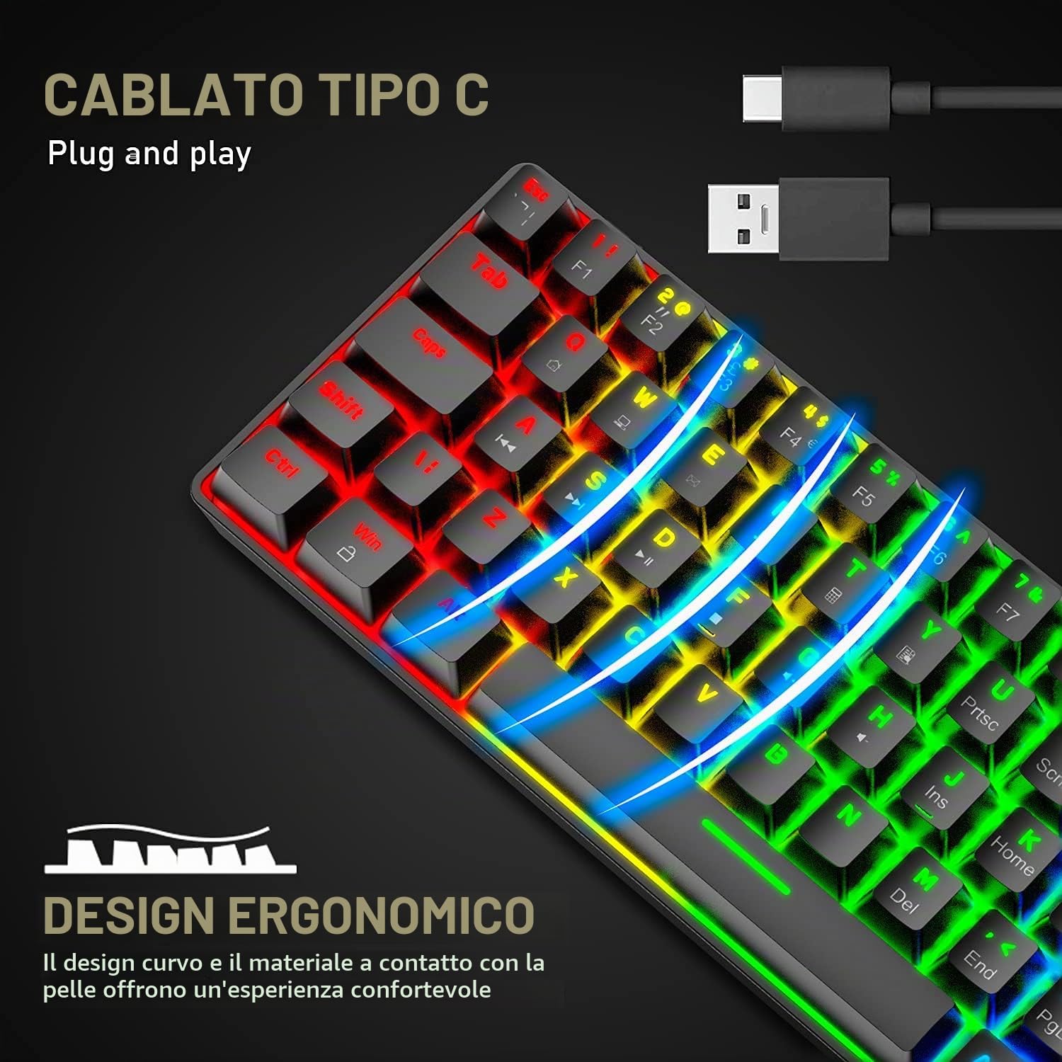 T60 Set Tastiera e Mouse da Gioco, Mini 60% Tastiera Meccanica Compatta 62 Tasti, 19 Rainbow LED Light, UK Layout + Mouse da Gioco a 6400 DPI + Mouse Pad per PC, Laptop - Interruttore Blu/Nero