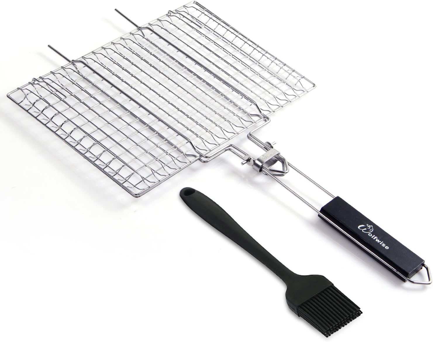 WolfWise Portable BBQ Grilling Basket, 430 Stainless Steel for Fish Vegetables Steak Shrimp, Removable Wooden Handle With A Basting Brush, 32 x 21 x 2cm