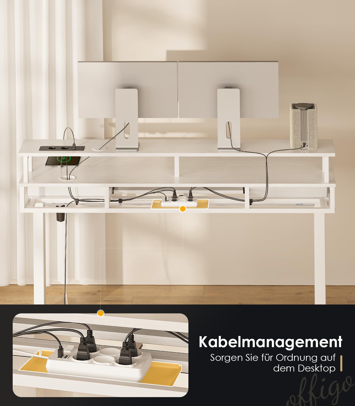 OffiGo Schreibtisch Höhenverstellbar mit Schubladen, 120 cm Elektrischer Schreibtisch mit Tastaturablage, Computertisch mit Monitorständer, Tisch Höhenverstellbar mit Steckdosen und Lichtleiste, Weiß