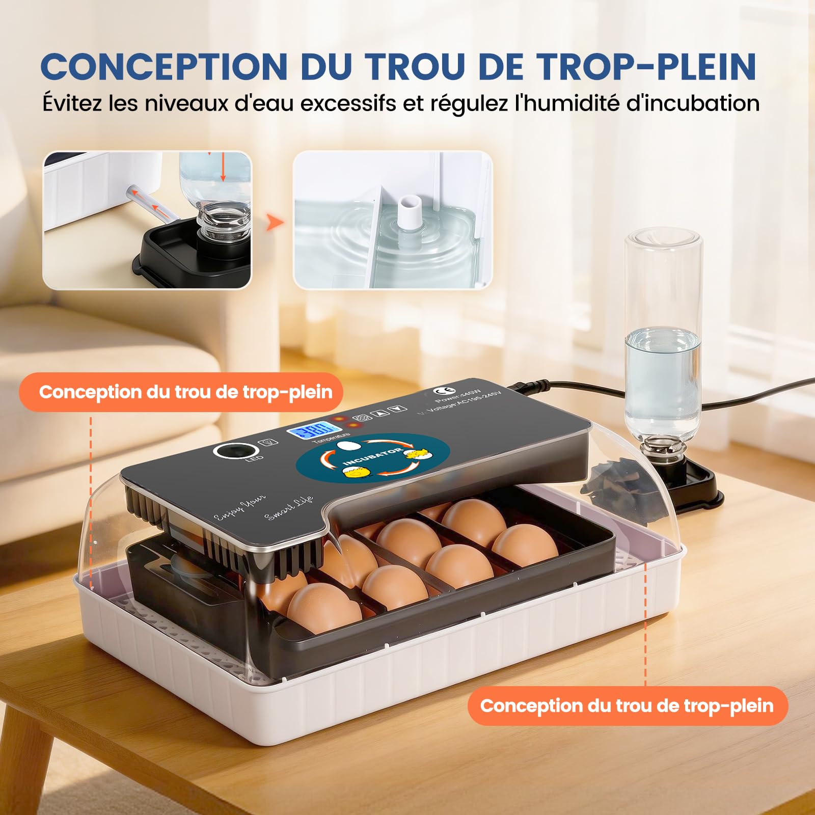 Couveuse Oeuf Automatique, 12 Couveuses Avec ContrôLe Intelligent Et PréCis de la TempéRature et de L'Humidité, éClairage Led Efficace, Incubateur Tortue, Adapté Aux Poules, Oies, Canards, Pigeons