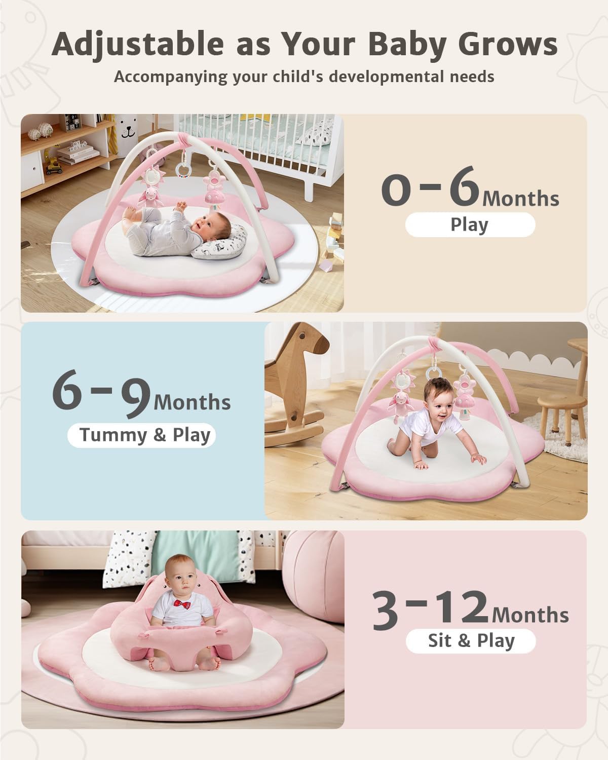 Tapete de juego 3 en 1 para bebés, asientos de bebé para sentarse, tapete de tiempo boca abajo con 5 juguetes desmontables, gimnasio de actividades para bebés de 0 a 6, 6 a 12 meses, regalos para baby