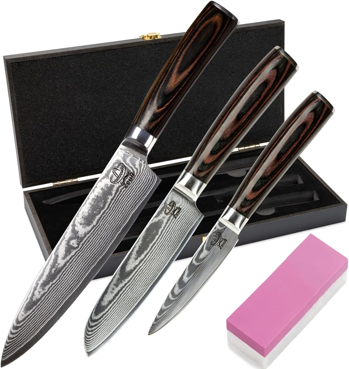 Damastmesser Set 3er (32, 24 und 20 cm) TÜV geprüfter 62 HRC Damaststahl aus 67 Lagen I Damast Küchenmesser Set mit Chefmesser Santokumesser Schleifstein Holzgriff Klingenschutz & Geschenkbox