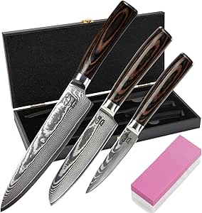 Damastmesser Set 3er (32, 24 und 20 cm) TÜV geprüfter 62 HRC Damaststahl aus 67 Lagen I Damast Küchenmesser Set mit Chefmesser Santokumesser Schleifstein Holzgriff Klingenschutz & Geschenkbox