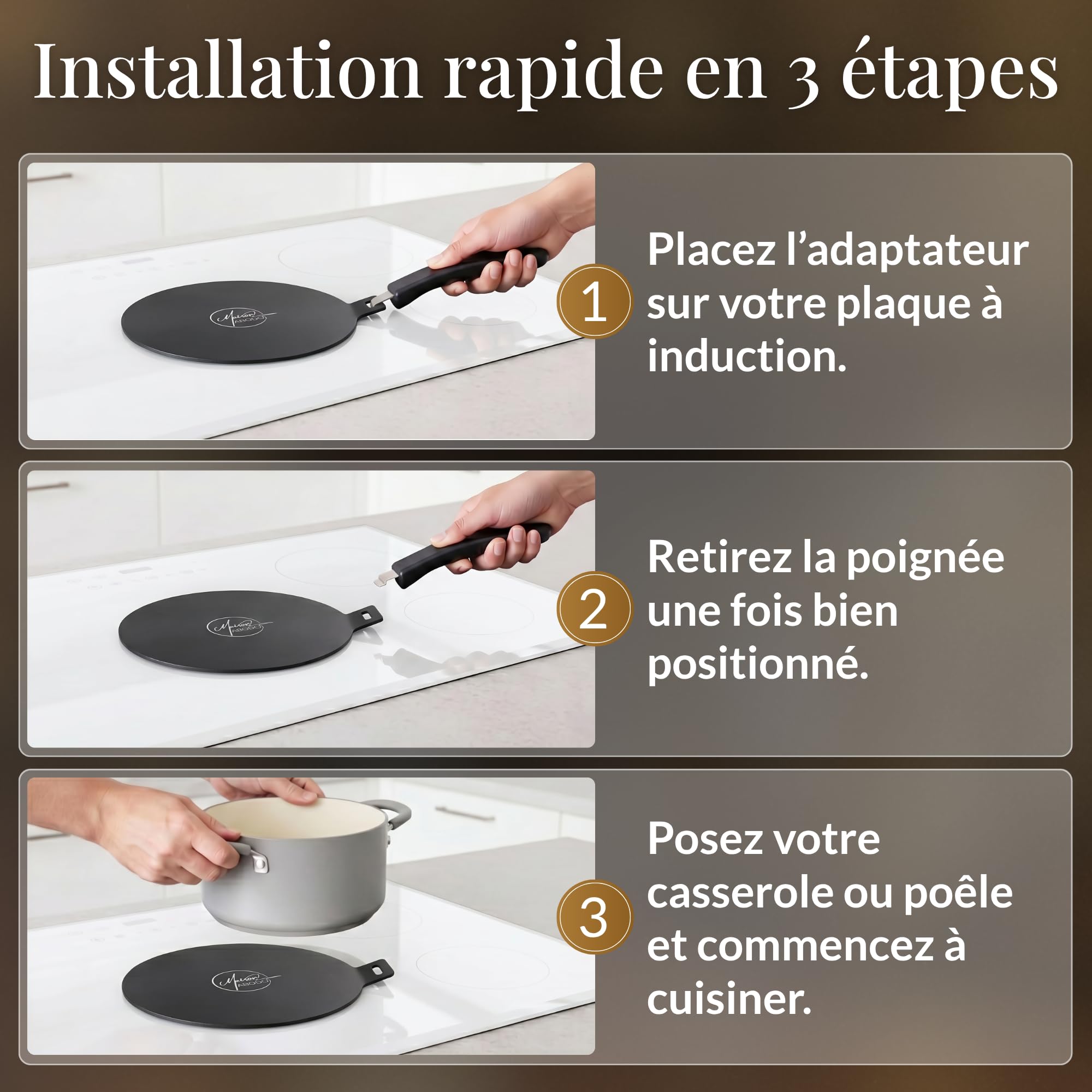 Casa Abodo Placa Adaptador de Inducción 24cm con Mango Extraíble | No Cambie Color | Adaptador Placa Inducción para Ollas Moka, Vidrio & Aluminio sobre Gas y Eléctrico