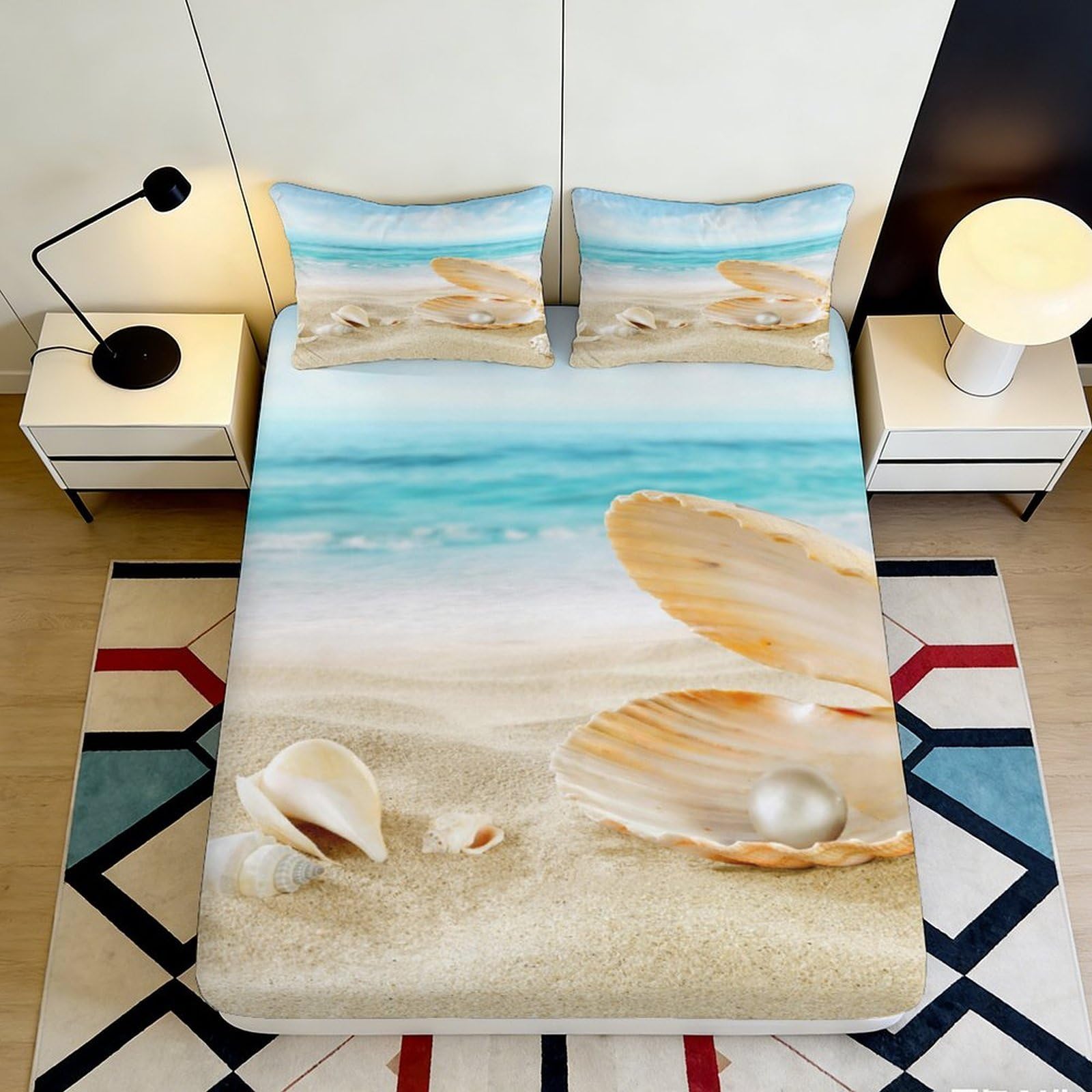 3D Printed Beach Shell Fitted Sheet Microfiber Soft Sand Ocean Mattress Cover for Bedroom Guest Room Decor 90x200x25cm