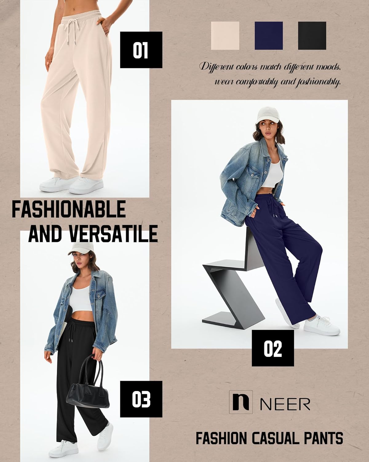 Neer 3 Pack Women's Sweatpants with Pockets, High Waisted Casual Yoga Pants Cozy Lounge Drawstring Loose Wide Leg Jogger - Image 6