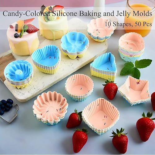 Miniatura 3 de Vasos de silicona para hornear, 50 unidades de 3 pulgadas, 10 moldes de forma para cupcakes gelatina (rosaflorestrella), reutilizables,