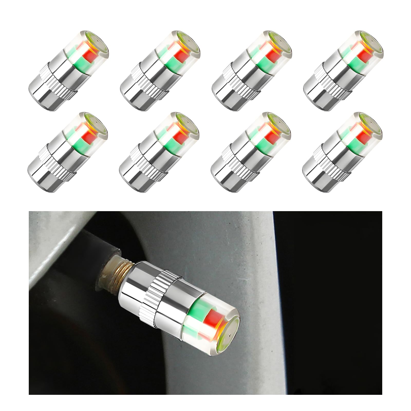 8PCS Car Tire Pressure Monitor Valve Stem Caps, 3 Colors Alarm Tire Indicator Valve Stem Leak Monitor, 2.4Bar 36PSI Tire Pressure Caps for Car Truck Bicycle Motorcycle (Silver)
