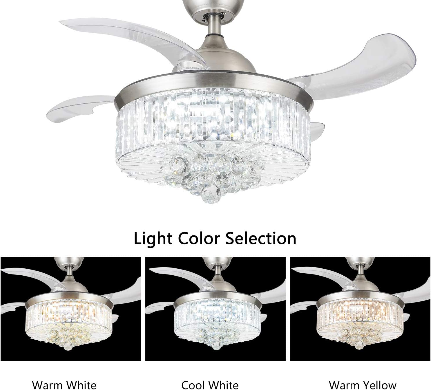 Hоlіdау Dеаlѕ 🛒 Modern Crystal Chandelier Ceiling Fan with Lights and Remote Control, Invisible 36 Fandelier LED Light kit with Retractable blades, Chrome