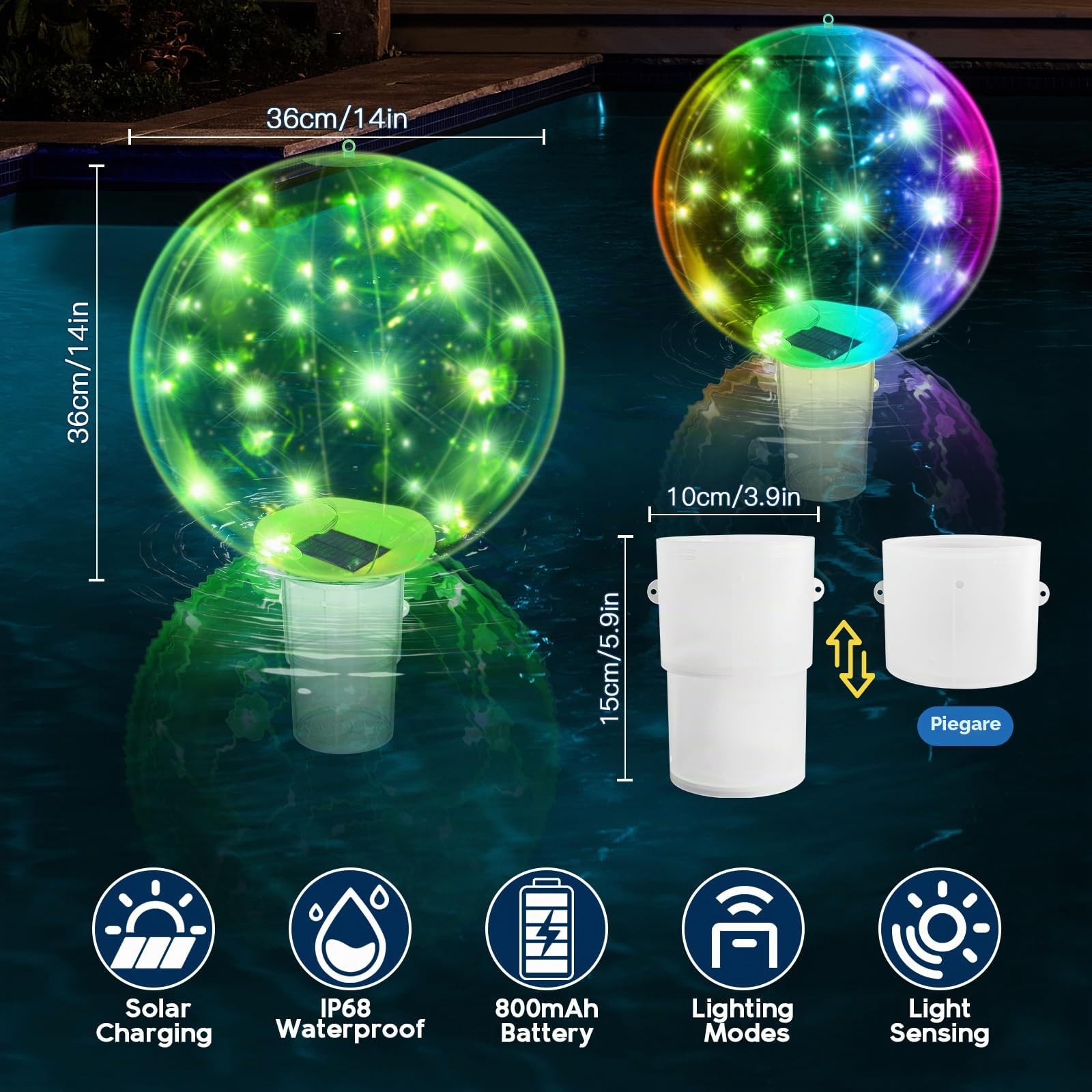 Idealife Galleggiante per Cloro da Piscina con Luce Solare per Piscina | 36cm Palla Luminosa da Esterno,Illuminazione Impermeabile Luce per A LED Solare,Cloro Dispenser per Esterno Laghetto Festa