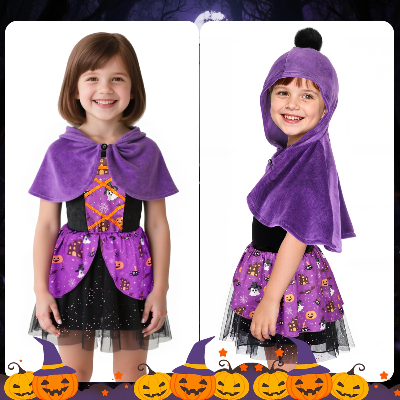 TAGVO Costume da Strega Halloween per Bambina, Ragazze Principessa Vestito Strega Viola Poncho Cappuccio Capo Paillettes Tulle Abiti serbatoio per bambini Halloween fantasia vestire per 1-6 anni
