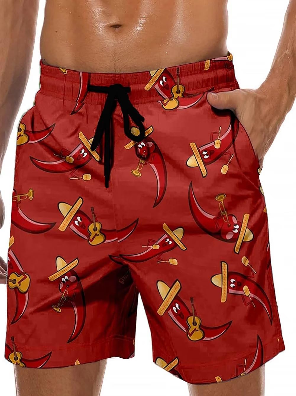 Lzzidou Men's Swim Trunks 9 Inch Inseam Bathing Suit Hawaiian Swimsuits Mesh Lining Beach Shorts with Pockets, Red-chili, L