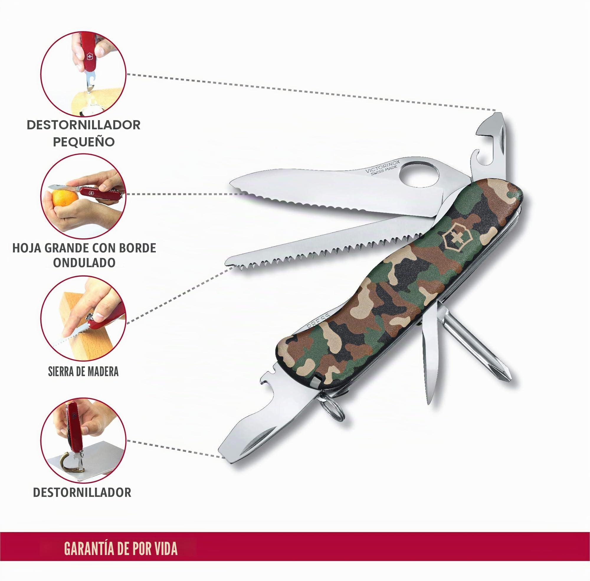 Victorinox Trailmaster, Navaja multiusos con 12 funciones, incluyendo hoja con bloqueo para una mano y sierra para madera, de color camuflaje
