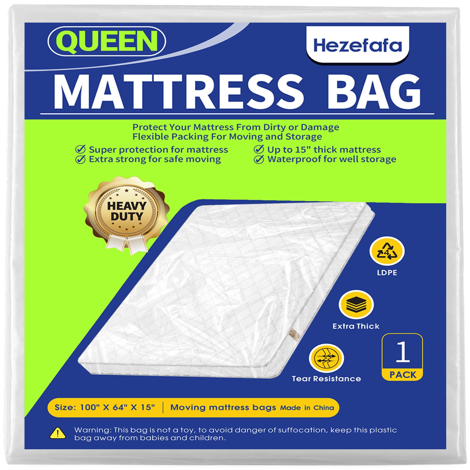 1PK Queen Size Mattress Bag for Moving, Plastic Mattress Protector Cover