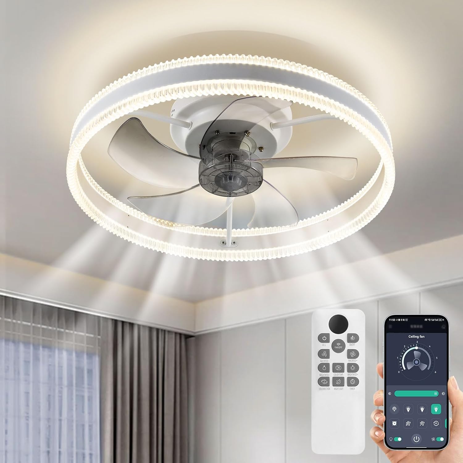 Low Profile Ceiling Fans with Lights and Remote, 19.7in Ceiling Fans with Light & 6 Wind Speeds/3000K-6500K Color Temperature, Flush Mount Ceiling Fan for Bedroom, Living Room, Dining Room Modern