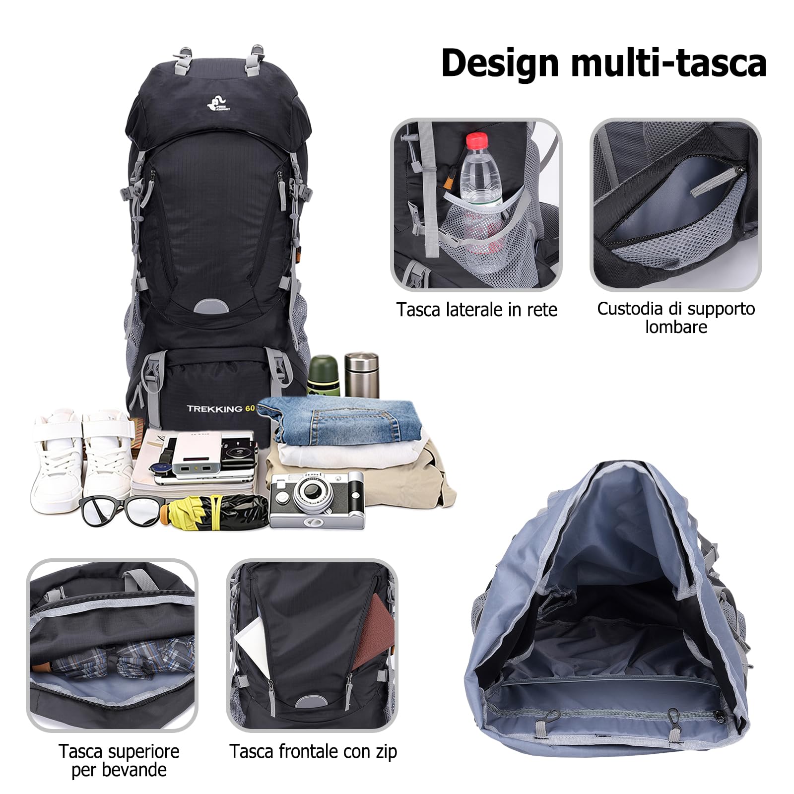 60L Zaino Outdoor Zaino da Trekking Grande Zaini Resistente con Copertura per la Pioggia Donna Uomo Backpack per Escursionismo Campeggio Arrampicata Viaggio Verde