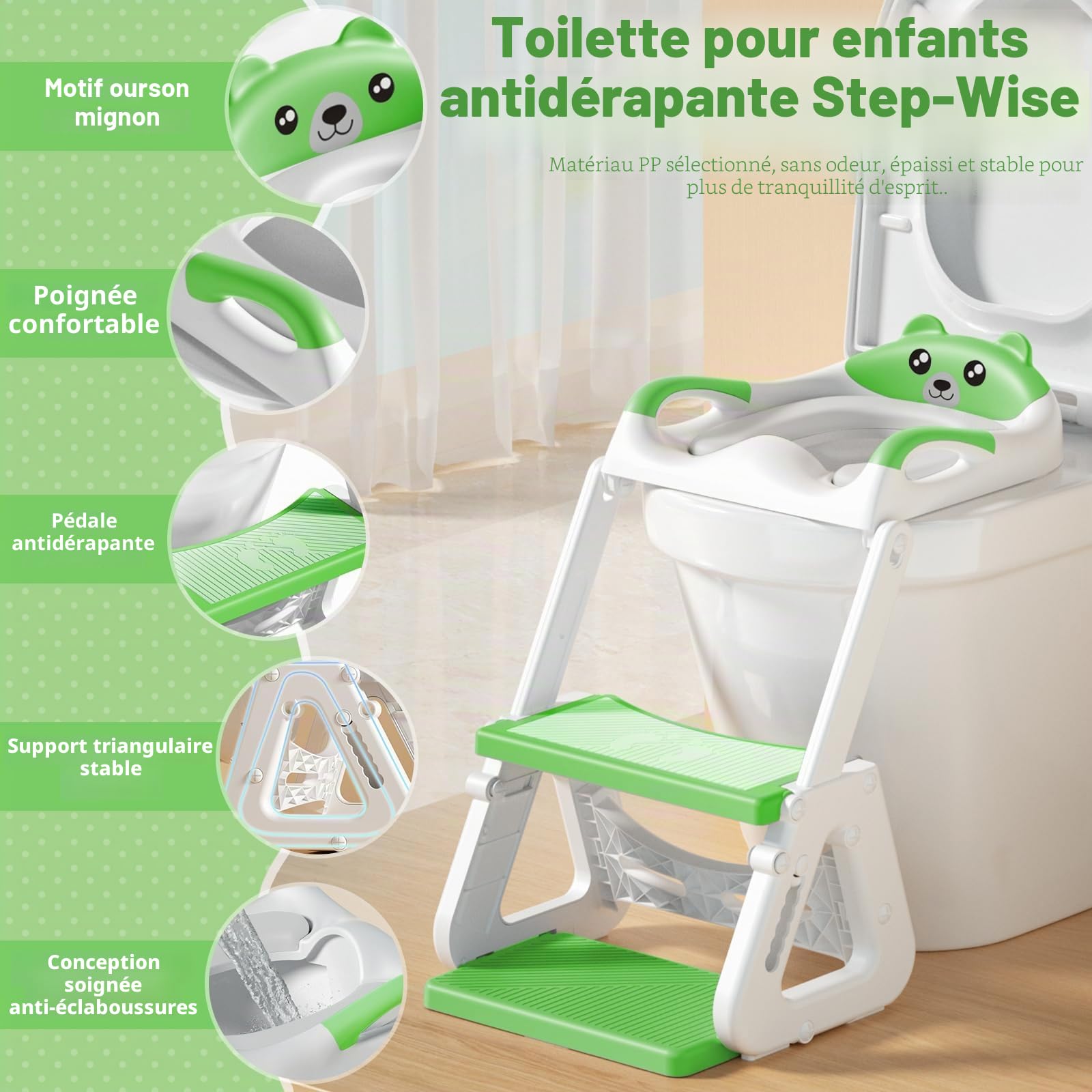 Reducteur Toilette Enfant, Reducteur Wc Enfant,2 en 1 Rehausseur Toilette Enfant avec Coussin Anti-éclaboussures et Antidérapant,Tabouret d'escalier,Réducteurs de Toilettes Pliable et Réglable