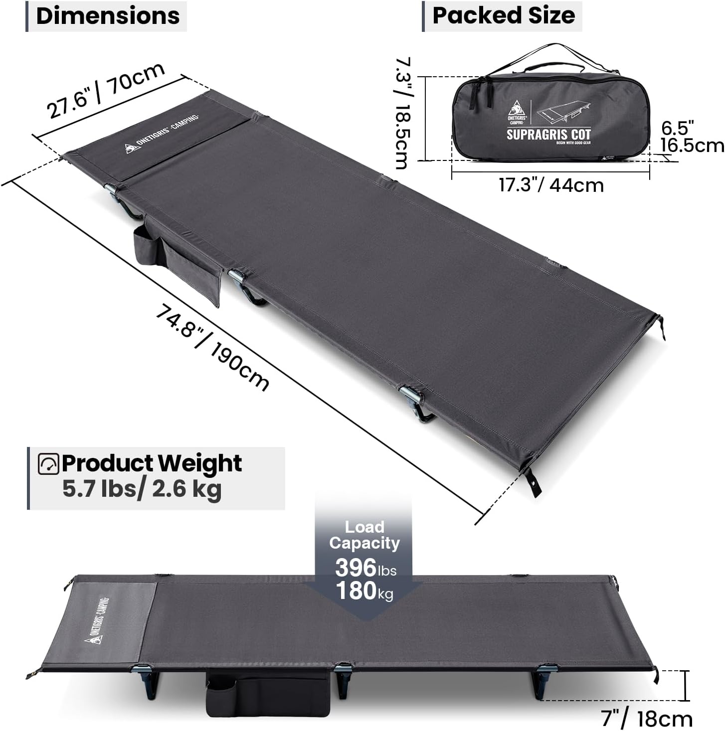 ONETIGRIS SUPRAGRIS Camping Cot, Support Up to 400lbs, Lightweight Comfortable Folding Bed for Camping, Hiking, Backpacking, Travel, Car Trips, Office Nap (Gray)