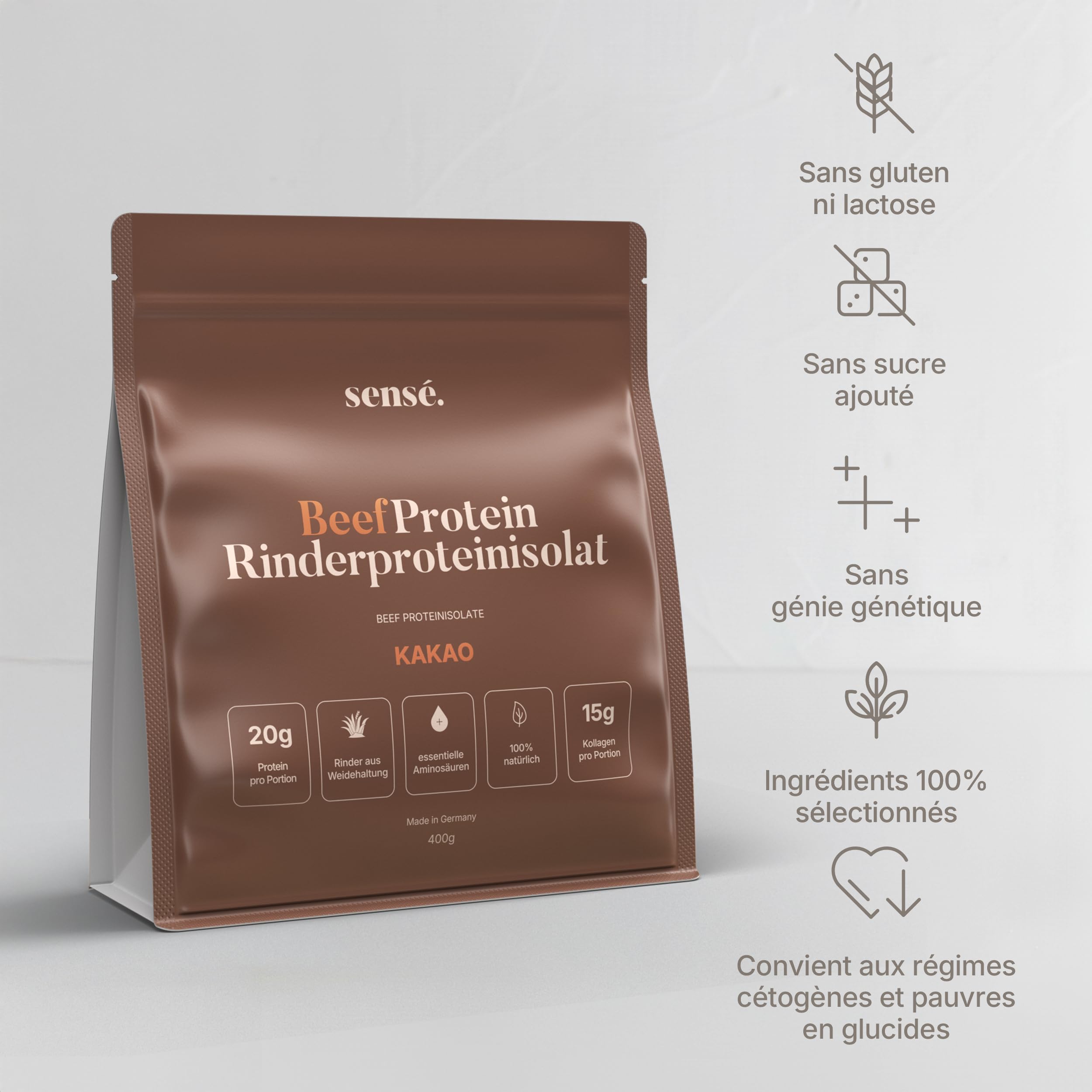 Poudre de protéines de bœuf au cacao 400 g - 100% naturel | 20 g de protéines | 10% de cacao en poudre et d'enveloppes de psyllium | Bioactif | Collagène 1, 2 et 3 | Bouillon d'os de bœuf