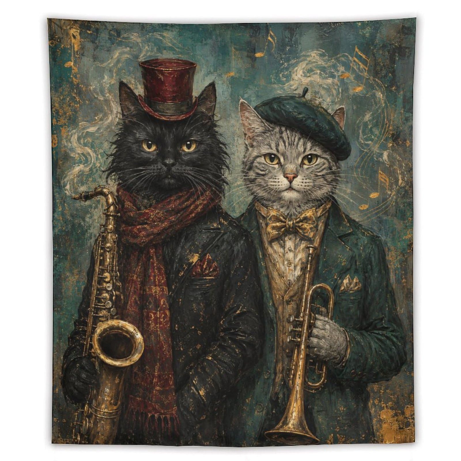 W7C8U2X3 Vintage Musician Cats Wall Tapestry, Realistic Illustration, Bed