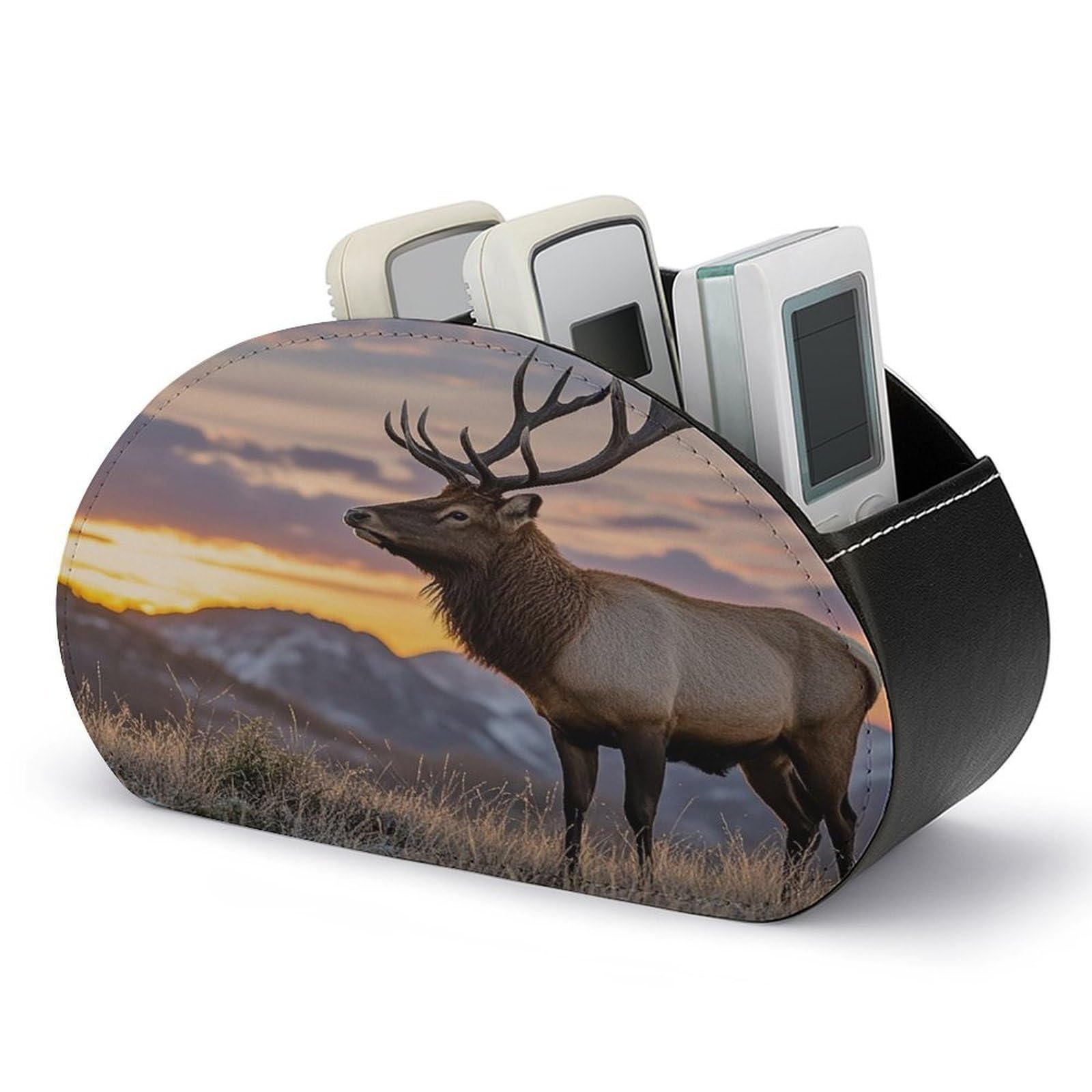 VstaDank Red Deer Bull Elk Sunset Remote Control Holder with 5 Compartments PU Leather TV Remoter Caddy Desktop Organizer TV Remote Holder Remote Box for Media Controllers Office Supplies