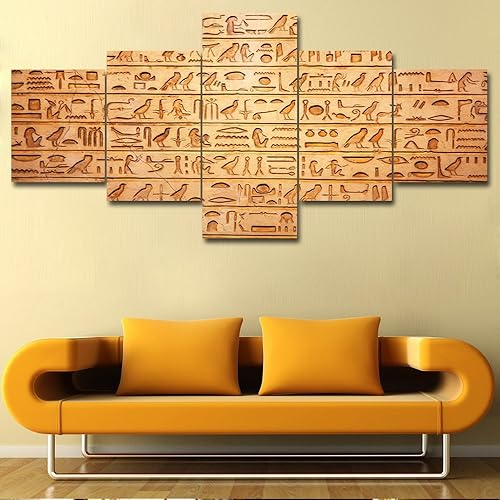 Miniatura 18 de Lienzo egipcio de 5 paneles, arte para pared, símbolos jeroglíficos en la pared, cuadros vintage de Egipto para sala de estar, impresiones HD, obras