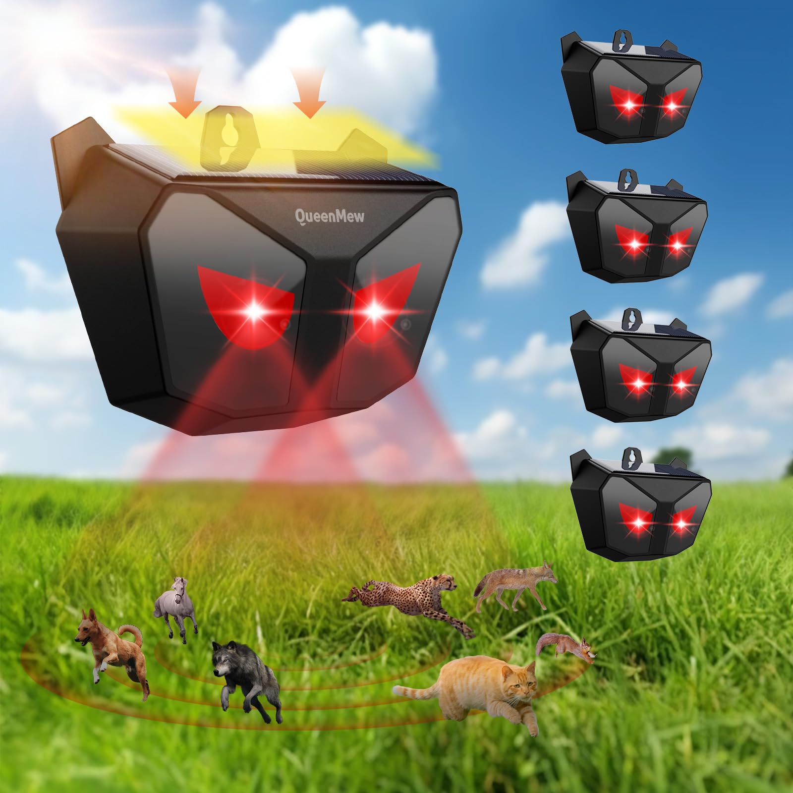 Solar Animal Repeller Outdoor 4 Packs, Nocturnal Animal Deterrent with Red LED Flashing Lights, Waterproof Wild Device for Chicken Coop, Cat, Skunk, Wolf, Deer, Coyote, Fox, Raccoon - 1
